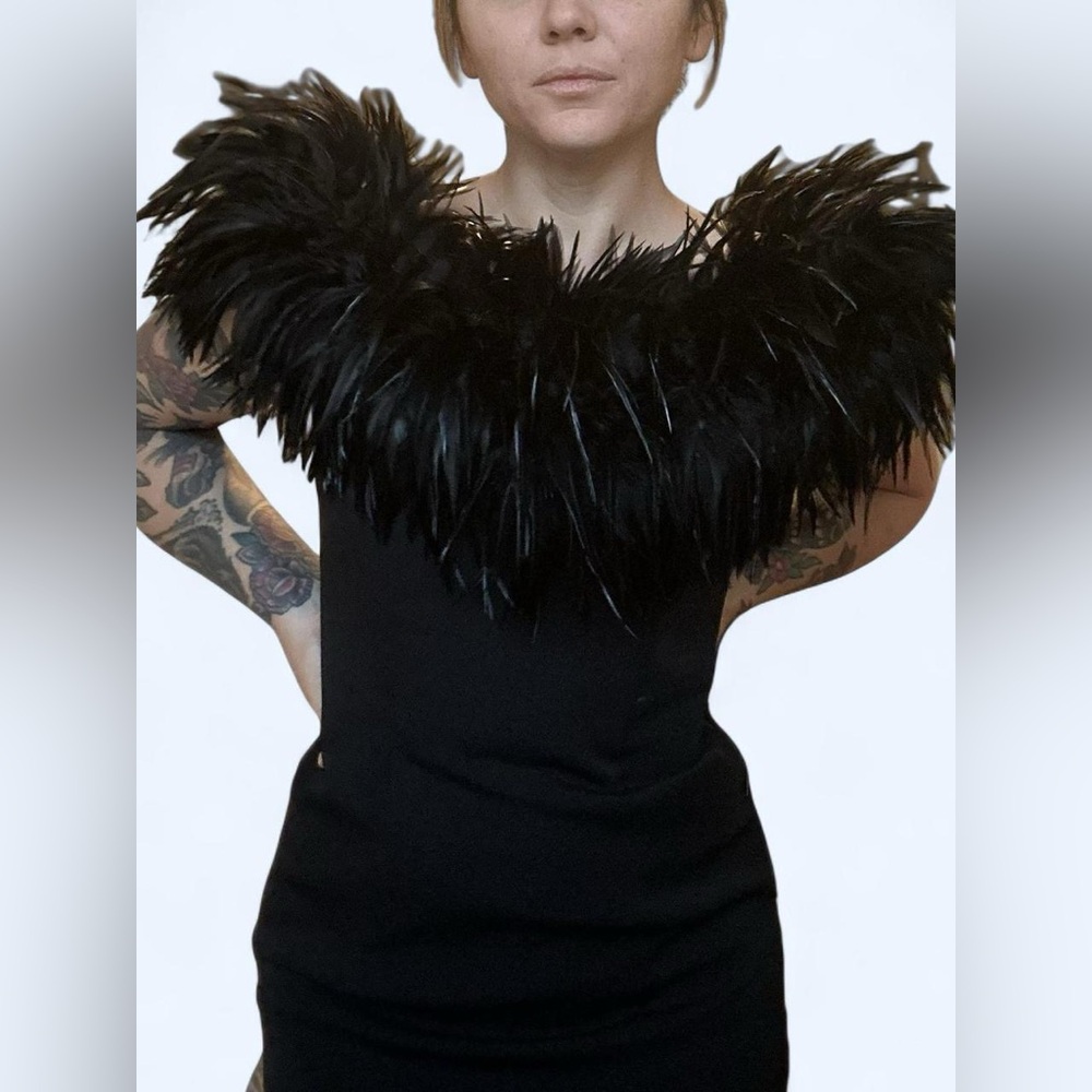 Vintage Dave & Johnny Black ostrich feather off the shoulder formal dress